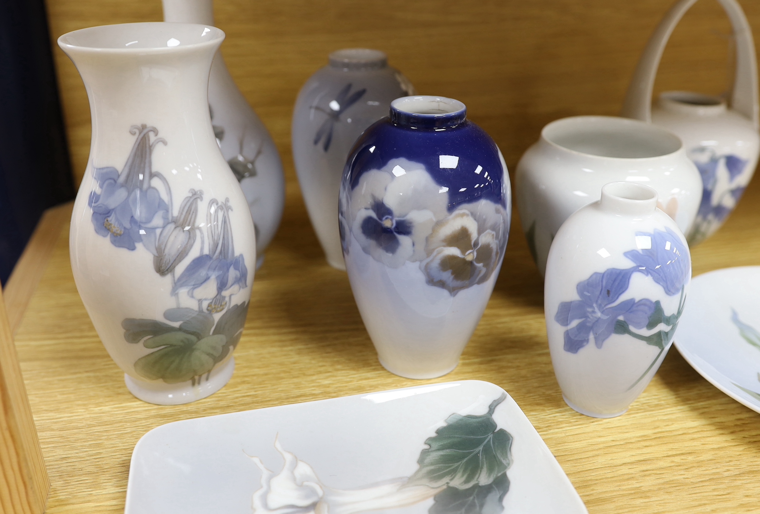 Six Royal Copenhagen vases and two plates including one B&G vase, all with floral decoration (9), tallest 21.5 cm high